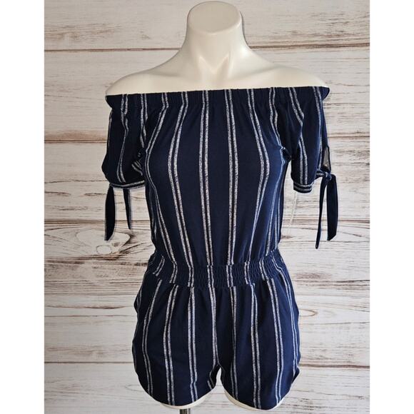 Derek Heart Off The Shoulder Blue with White Stripe Romper sz M New - Picture 1 of 5